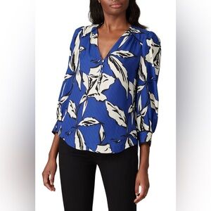 Veronica Beard Milan Silk Blend Blouse Blue White Black Floral V-Neck Size 2
